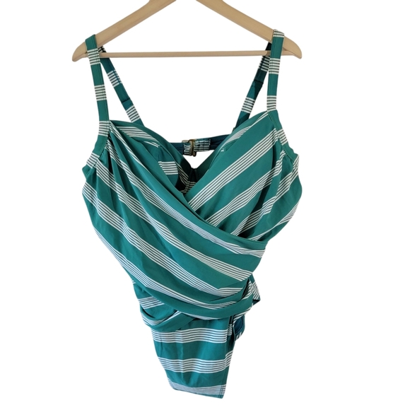 Terra Sky Green White Stripes Pleated One Piece Swimsuit 1X Underwire Resort - Picture 3 of 12